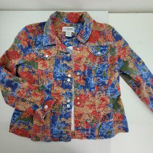 Back in the Saddle JACKET Womens Medium Denim Jean Floral Print Pockets Snap EUC